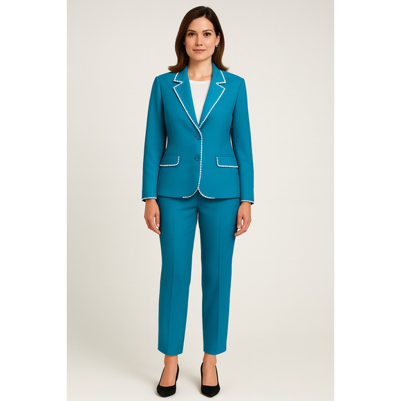 NWT! Dialogue Plus Size 2X Cotton Pantsuit 2-Piece Suit Blazer Crop Pants Blue - Picture 1 of 11